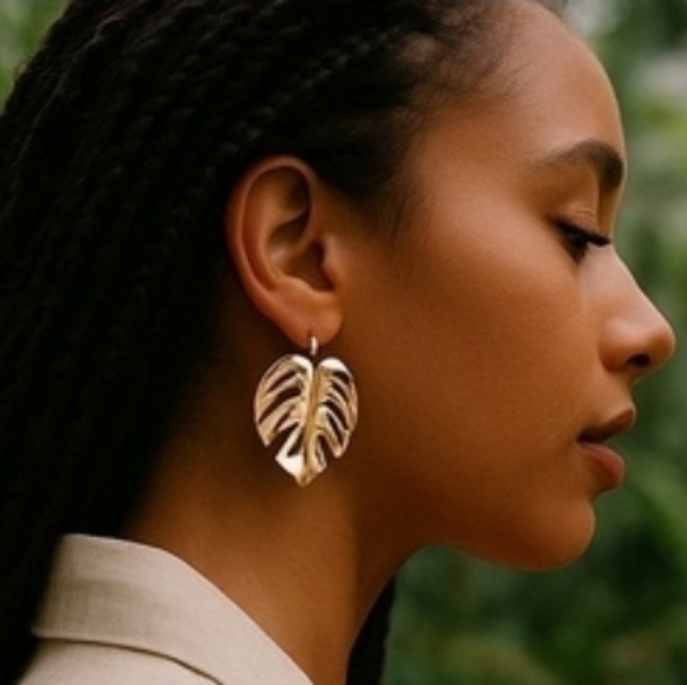 Large Goldtone Leaf Leaves Dangling Earrings